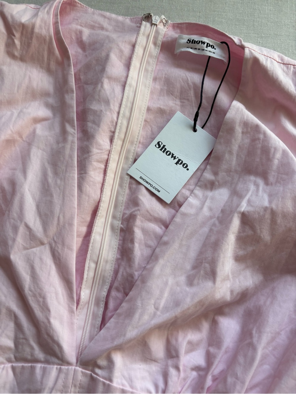 NWT Showpo Nelli Puff Sleeve Shirred Back Mini Dress Baby Pink Cotton Size 14 - Picture 3 of 10